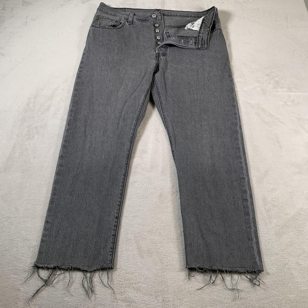 Levis 501 Jeans Mens 32x26 Gray Button Fly Raw Hem Straight Leg Distressed